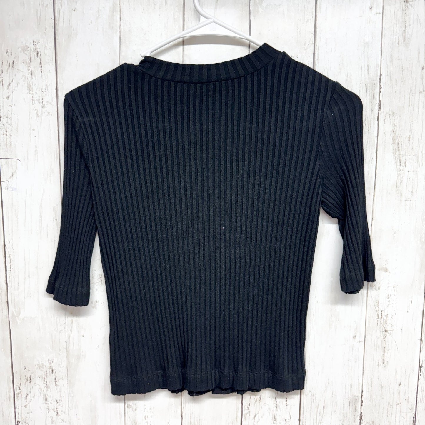 3x1 NYC Sweater Women Size Medium Black Ribbed Crewneck Half Sleeve Button Front