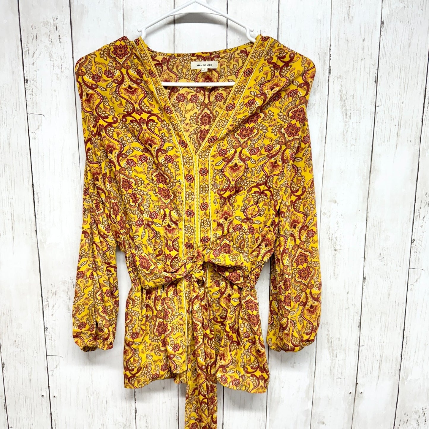MAX STUDIOS Top Women Size Small Hippie Boho Top Blouse Deep V Neck Tied Waisted