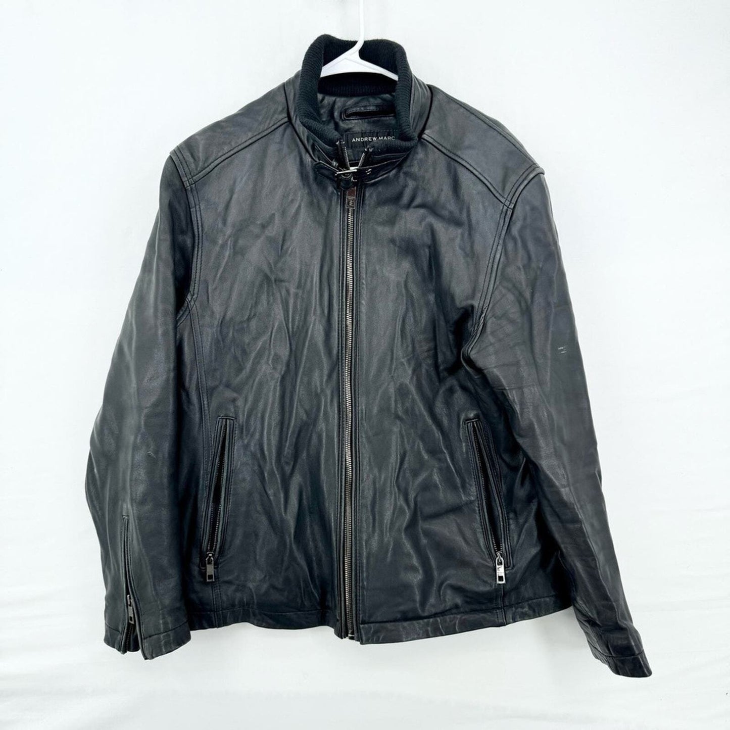 Andrew Marc Leather Full Zip Black Fabian Jacket Size Large