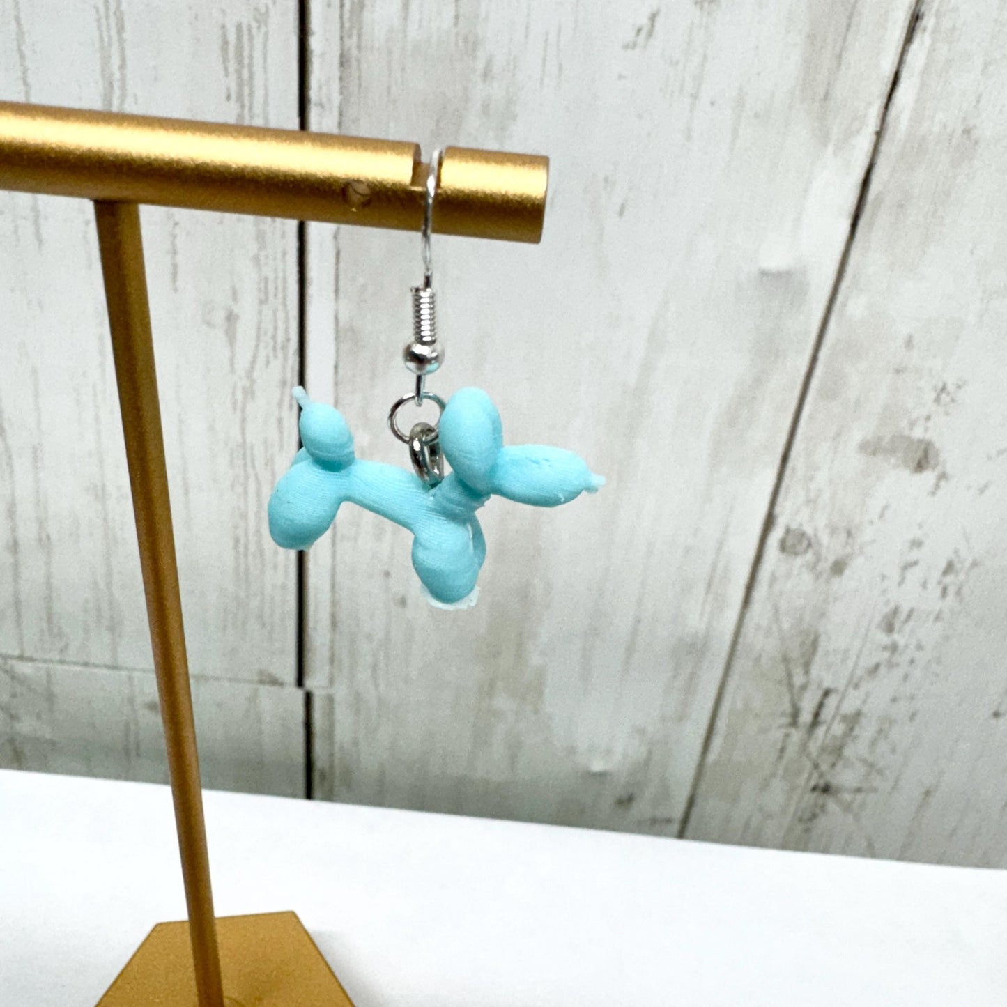 3D Printed Blue Balloon Dog Dangle Earrings Unique Design Fun Fashion Accessory