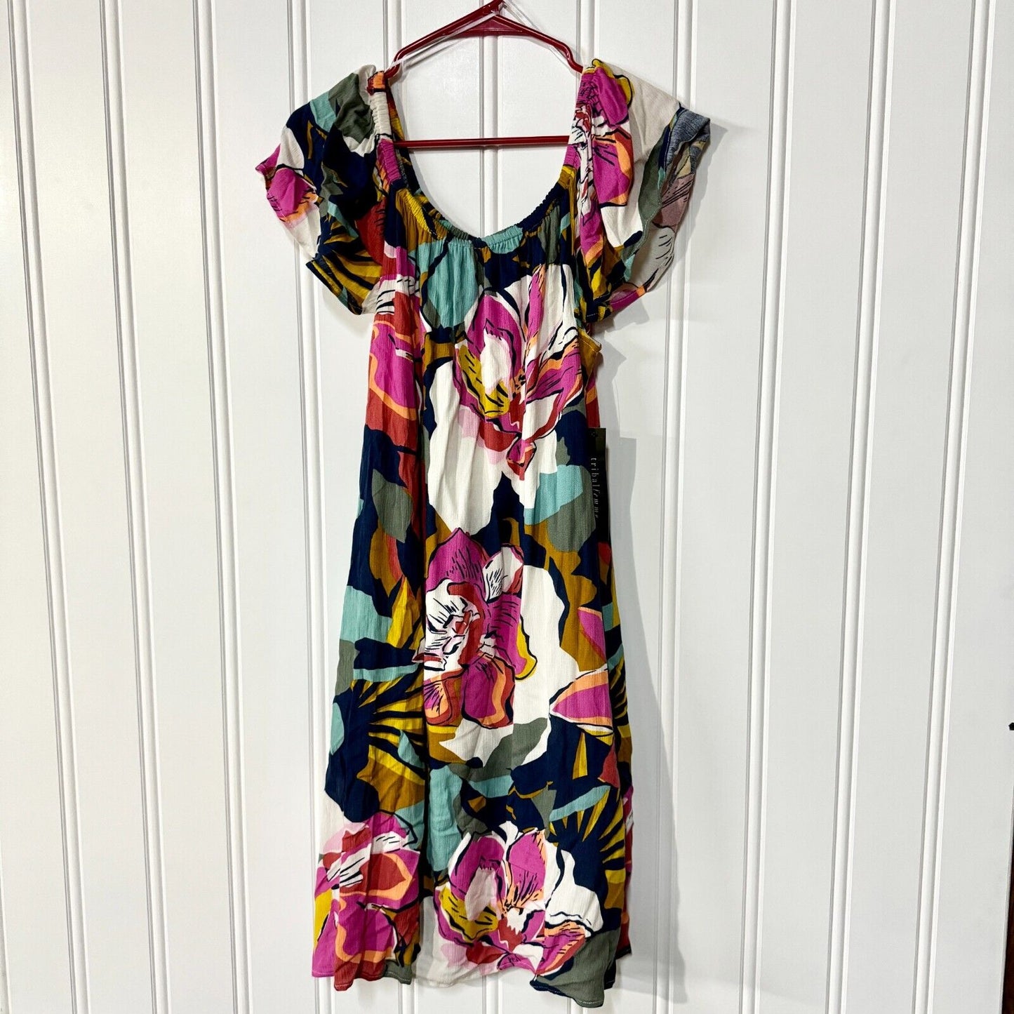 TRIBAL FEMME Dress Women Size M Off The Shoulder Floral Midi Flowy Tropical NEW