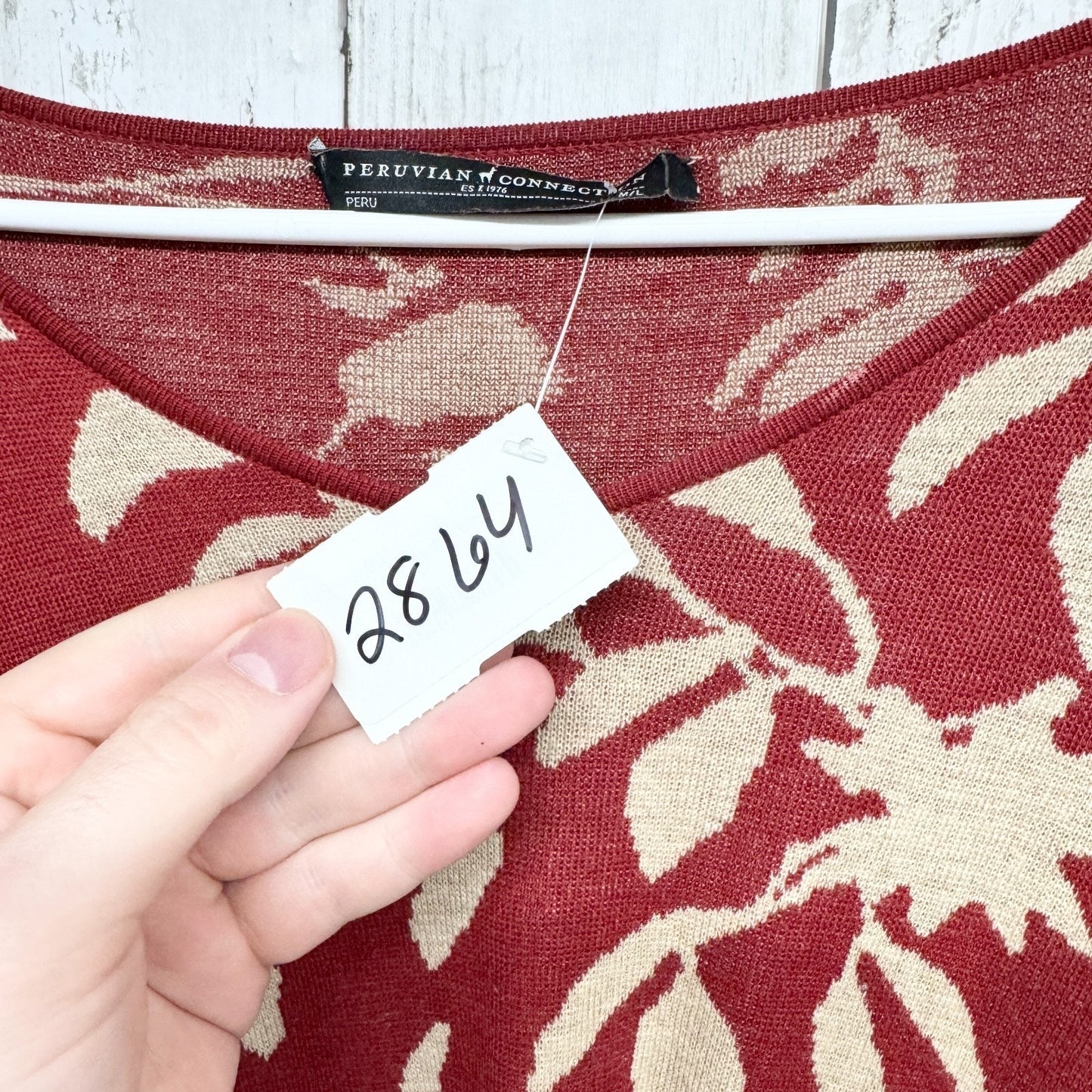 Peruvian Connection Sweater Women Size M/L Botanical Boat Neck 3/4 Sleeve Blouse