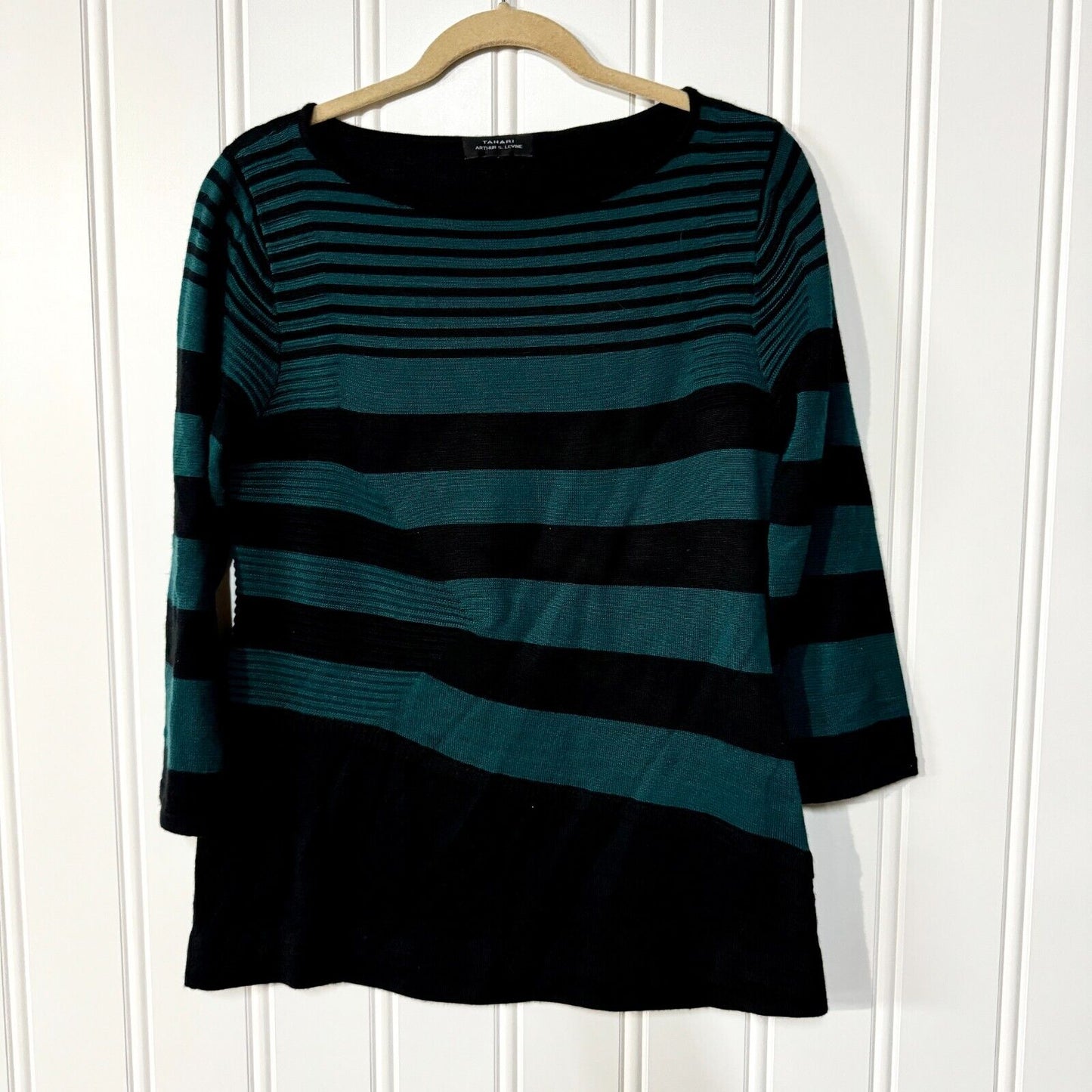 TAHARI Sweater Women Size L Black Asymmetrical Long Sleeve Wide Neck Wool