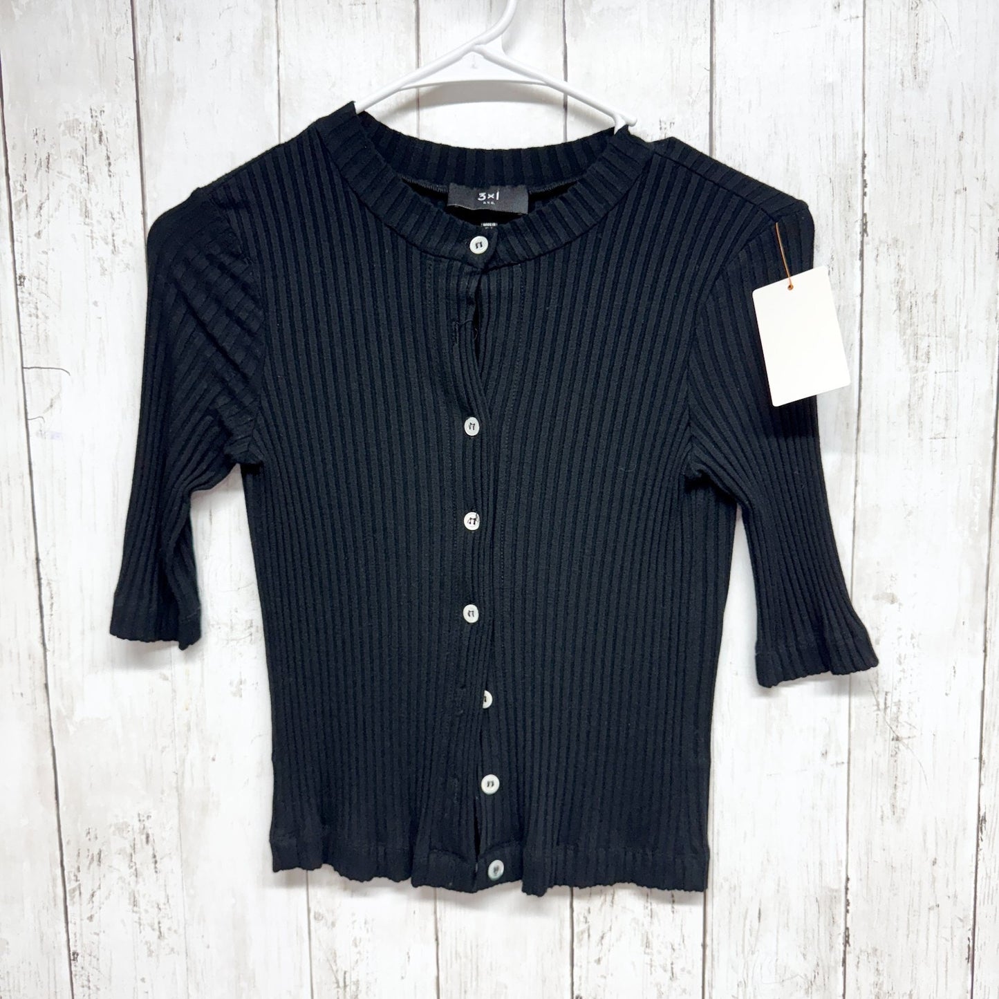 3x1 NYC Sweater Women Size Medium Black Ribbed Crewneck Half Sleeve Button Front