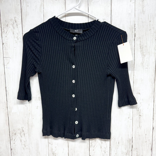 3x1 NYC Sweater Women Size Medium Black Ribbed Crewneck Half Sleeve Button Front