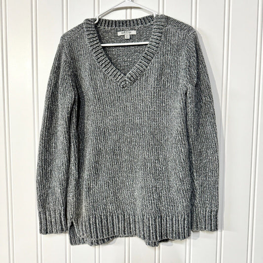 Orvis Sweater Chunky Knit Grey Long Sleeve V Neck Pullover Size Small