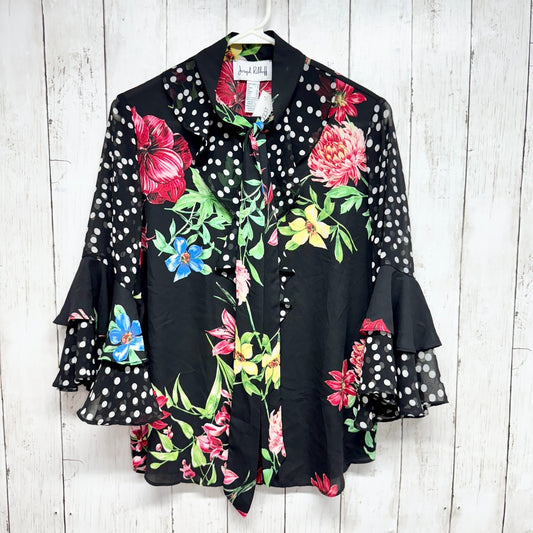 Joseph Ribkoff Top Women Size 4 Floral Collared Button Down Short Sleeve Shirt