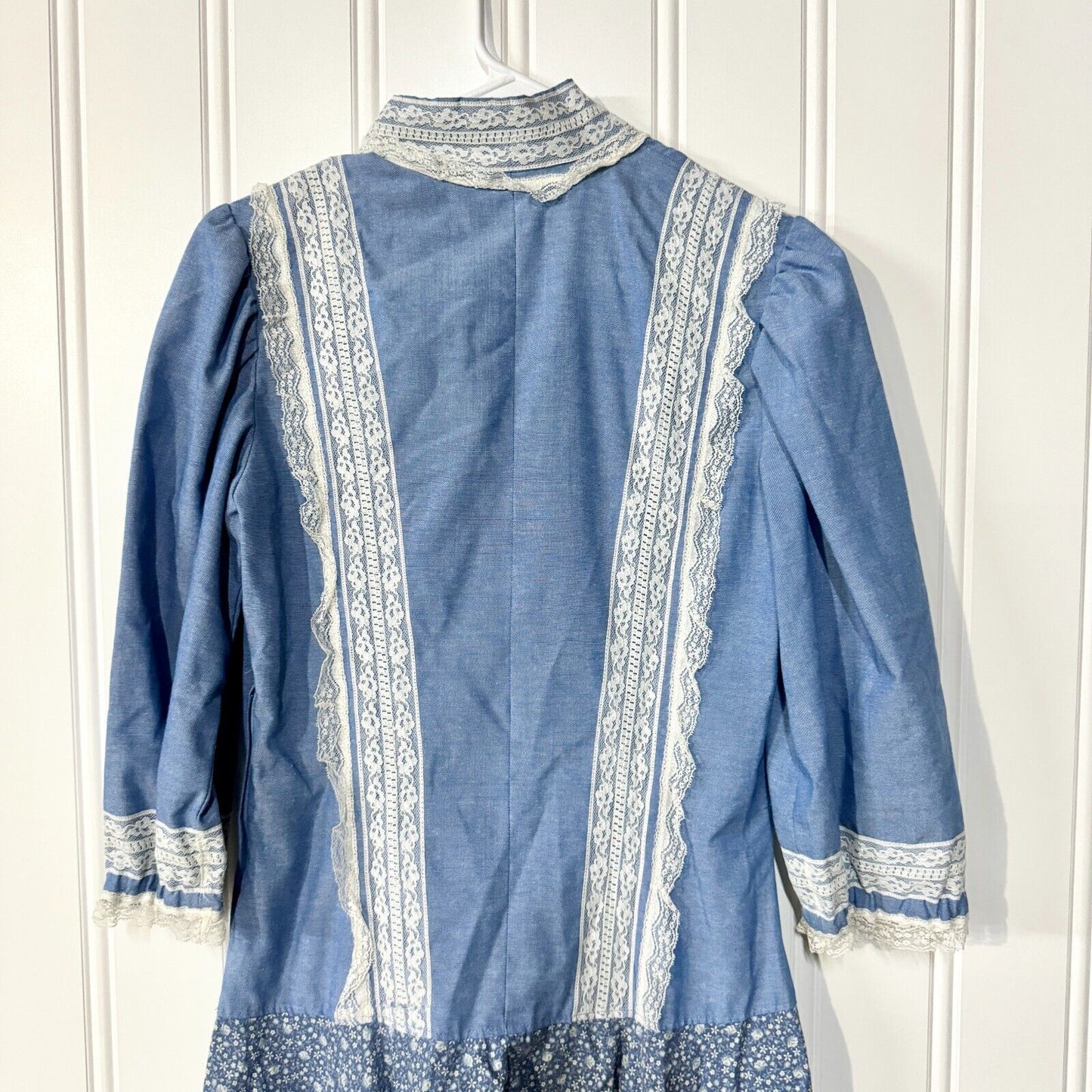 Handmade 70s Vintage Blue & White Lace Collared Neck Long Peplum Mini Dress