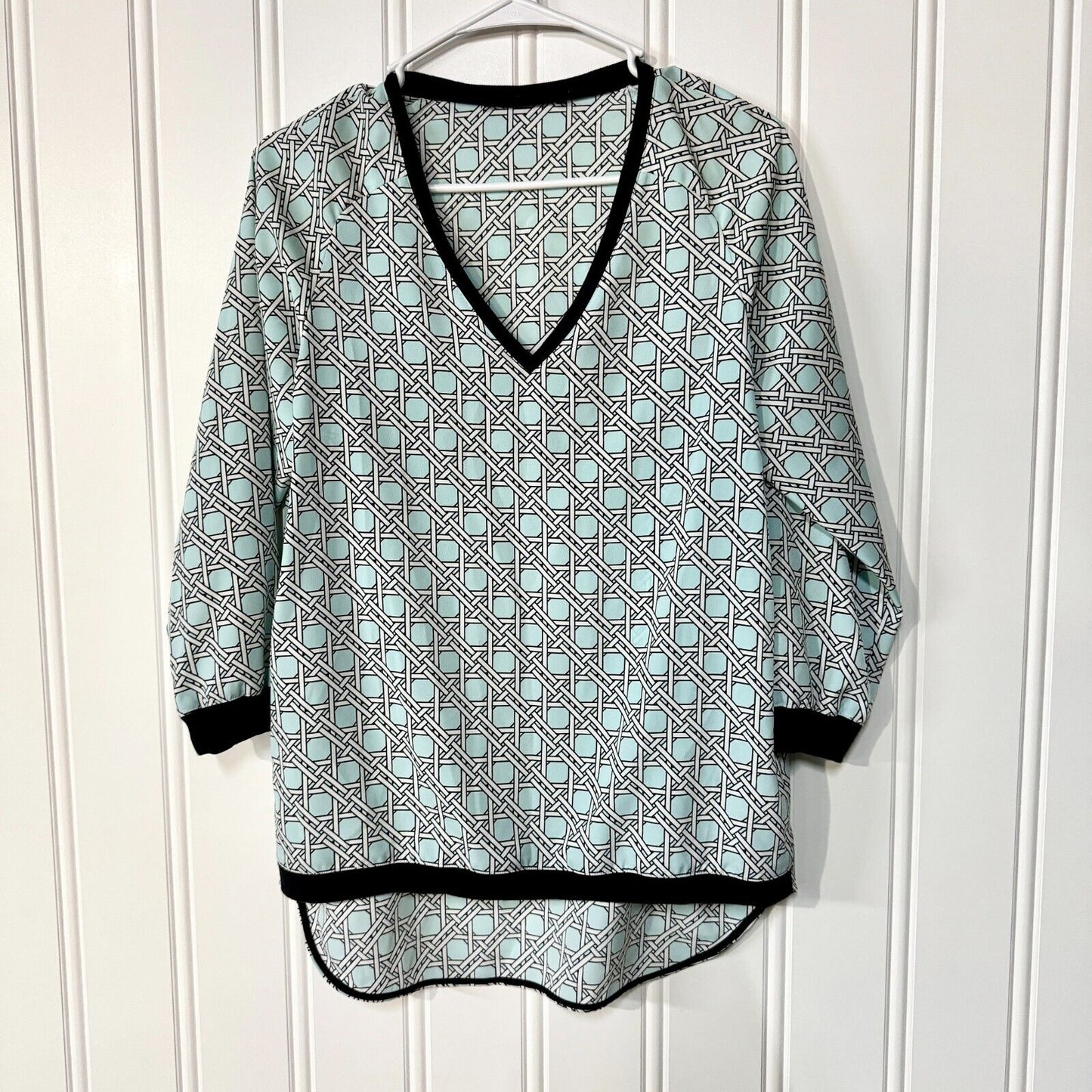 TIBI Blouse Women Size XS Blue Geometric High Low V Neck Polyester Black Hemmed