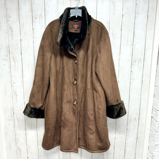 Gallery Women's Size Large Button Down Brown Faux Fur Vegan Suede Jacket Coat