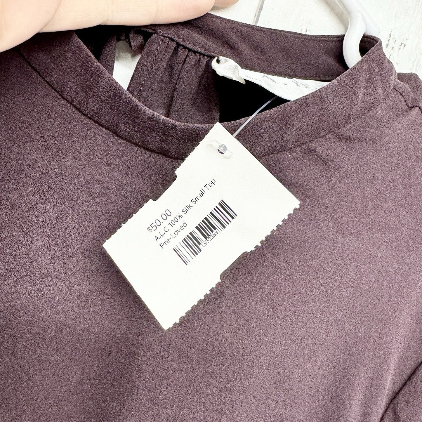 A.L.C Blouse Women Size M Long Sleeve Mock Neck 100% Silk Plum Purple Open Back