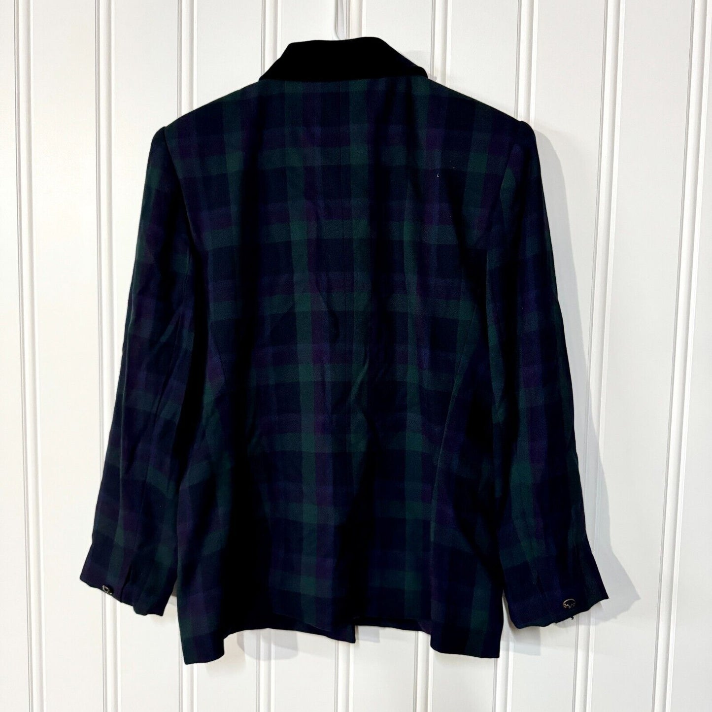 Vintage 80s Kasper Button Down Plaid Wool Blend Velvet Collared Blazer Size 10