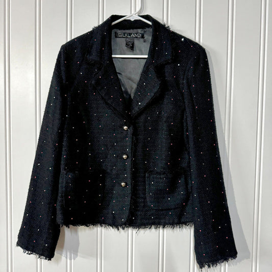 Vtg Silkland Blazer Knit Lined Speckled 70% Silk Navy Blue Button Size XL