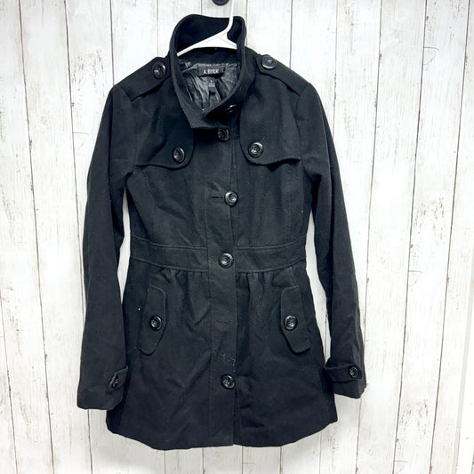 A. Byer Coat Women Medium Black Collared Peacoat Front Flap Over Button Pockets