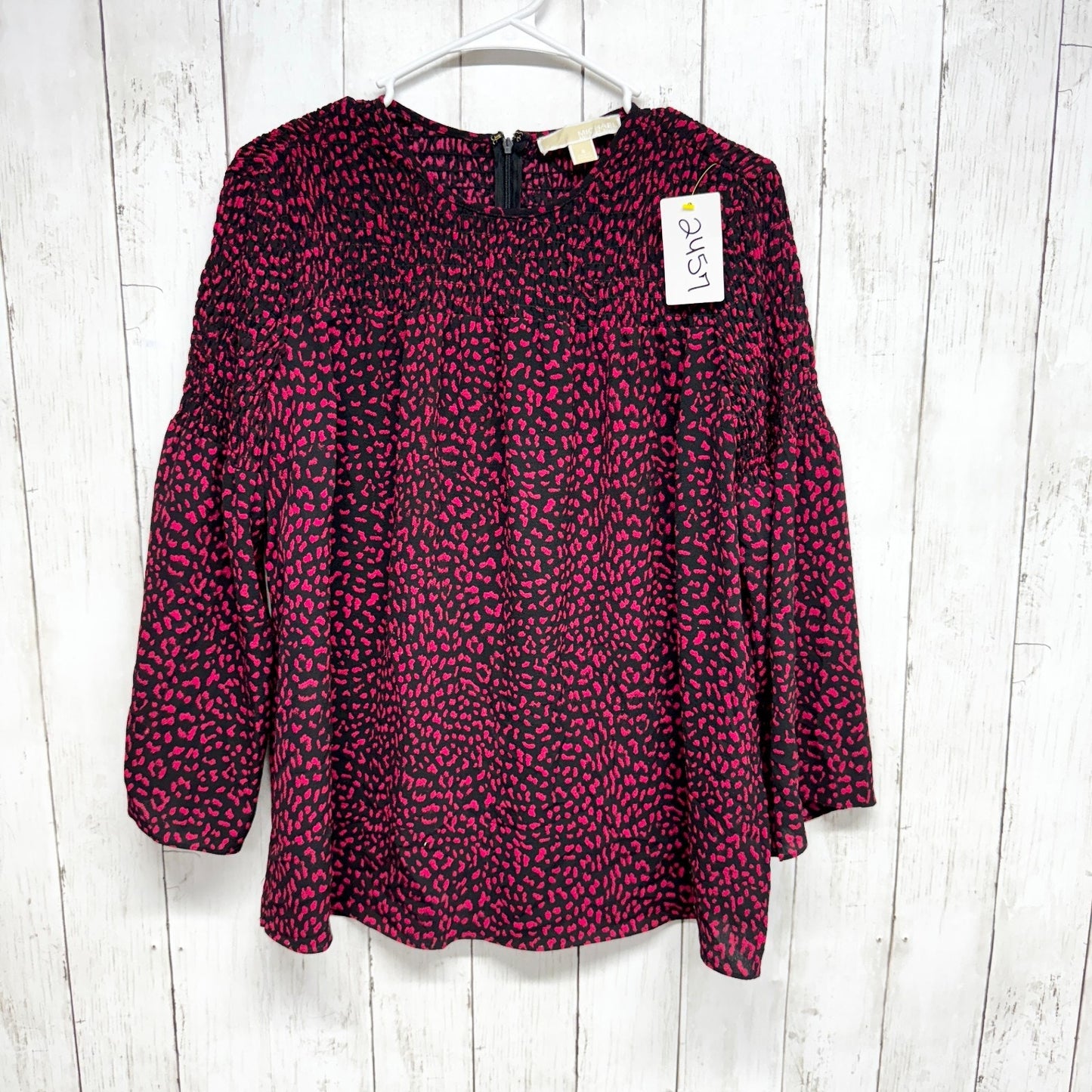 Michael Kors Top Women Sz Small Leopard Purple Print Long Sleeve Smocked Blouse
