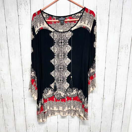 Angie Dress Women's Small Plus Size Black Boho Printed Bell Sleeve Tunic Tribal