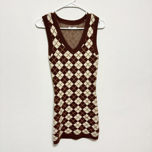 HOLLISTER Dress Women Size XS Brown Plaid Sleeveless Cotton Knit Sweater Mini