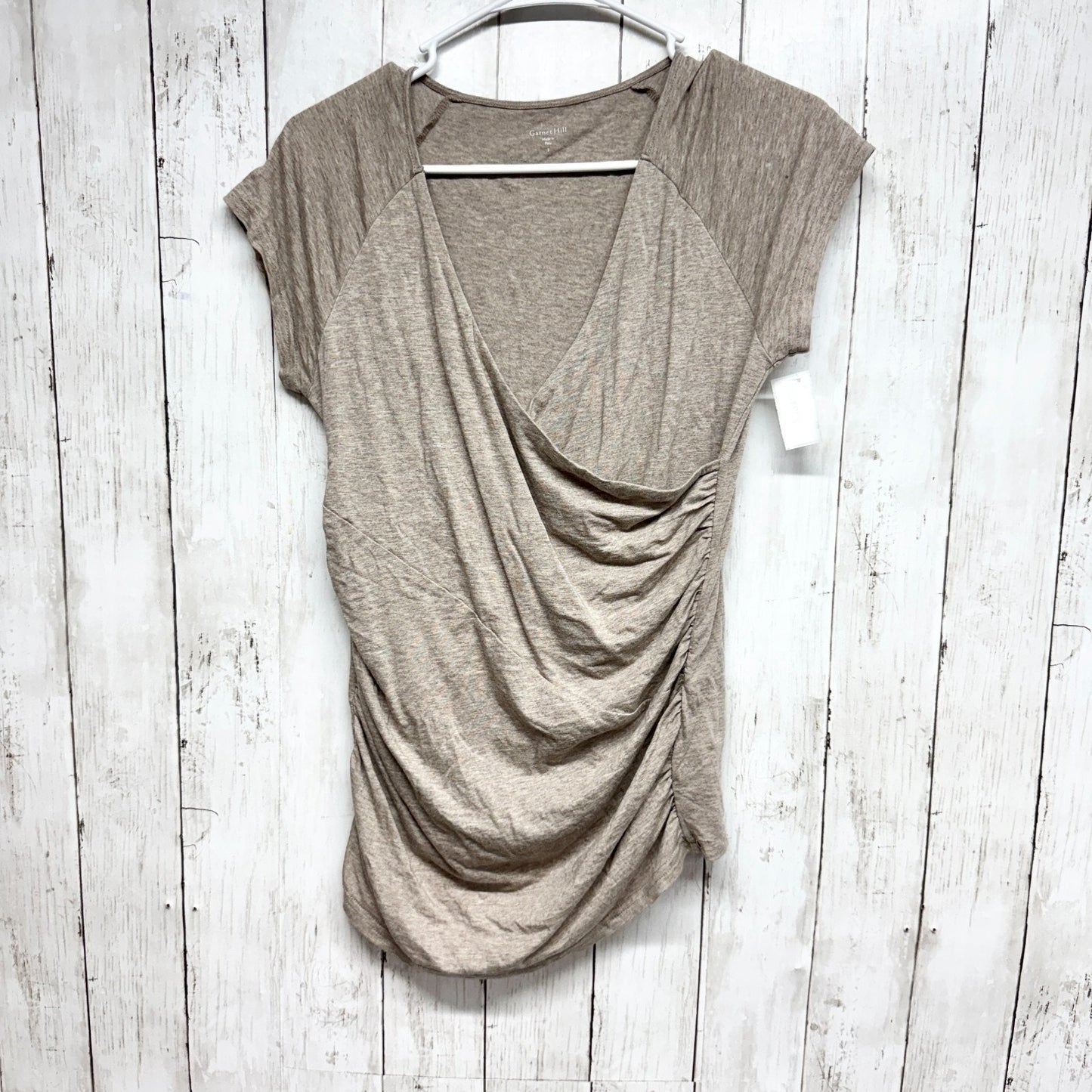 Garnet Hill Top Women Size Small Beige V Neck Wrap Front Short Sleeve Blouse