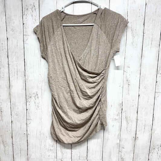 Garnet Hill Top Women Size Small Beige V Neck Wrap Front Short Sleeve Blouse