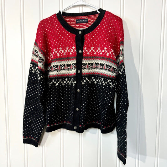Vintage Mountain Lake Wool Knit Brass Button Down Holiday Sweater Size Medium