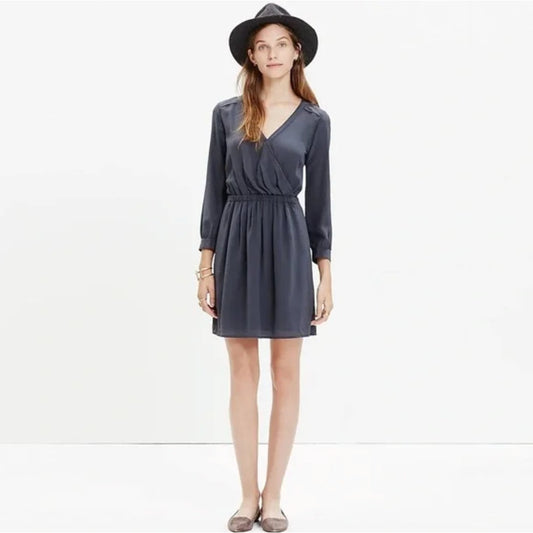 MADEWELL Women Navy Blue Long Sleeve Silk Faux Wrap Mini Dress Size Small