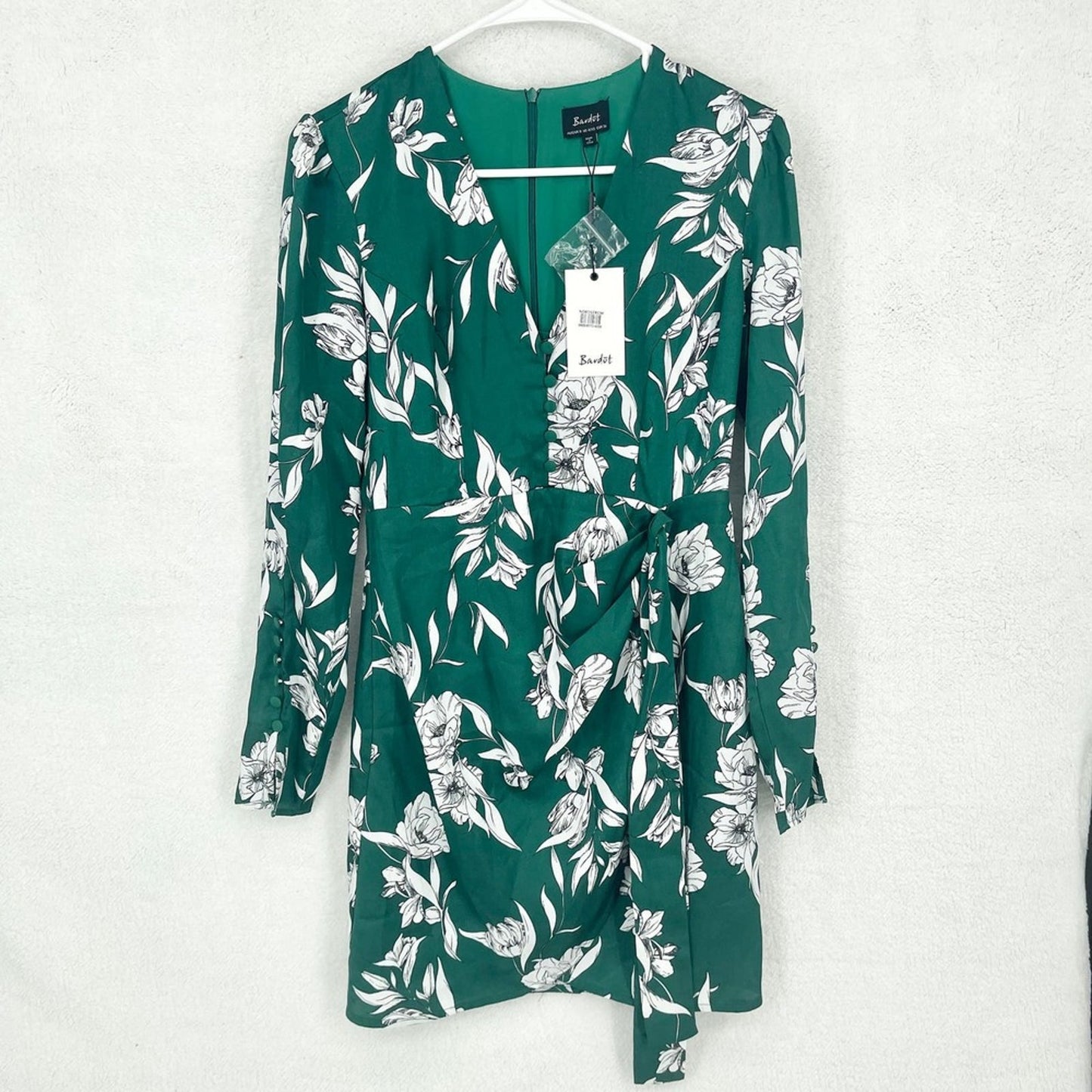 Bardot Women Long Sleeve V Neck Tropical Floral Green Mini Dress Size 4 NWT