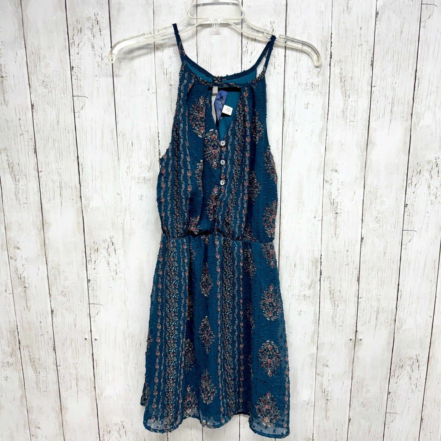 BLUE RAIN Dress Women Size XS Boho Mini Blue Sleeveless Mini Button Front tribal