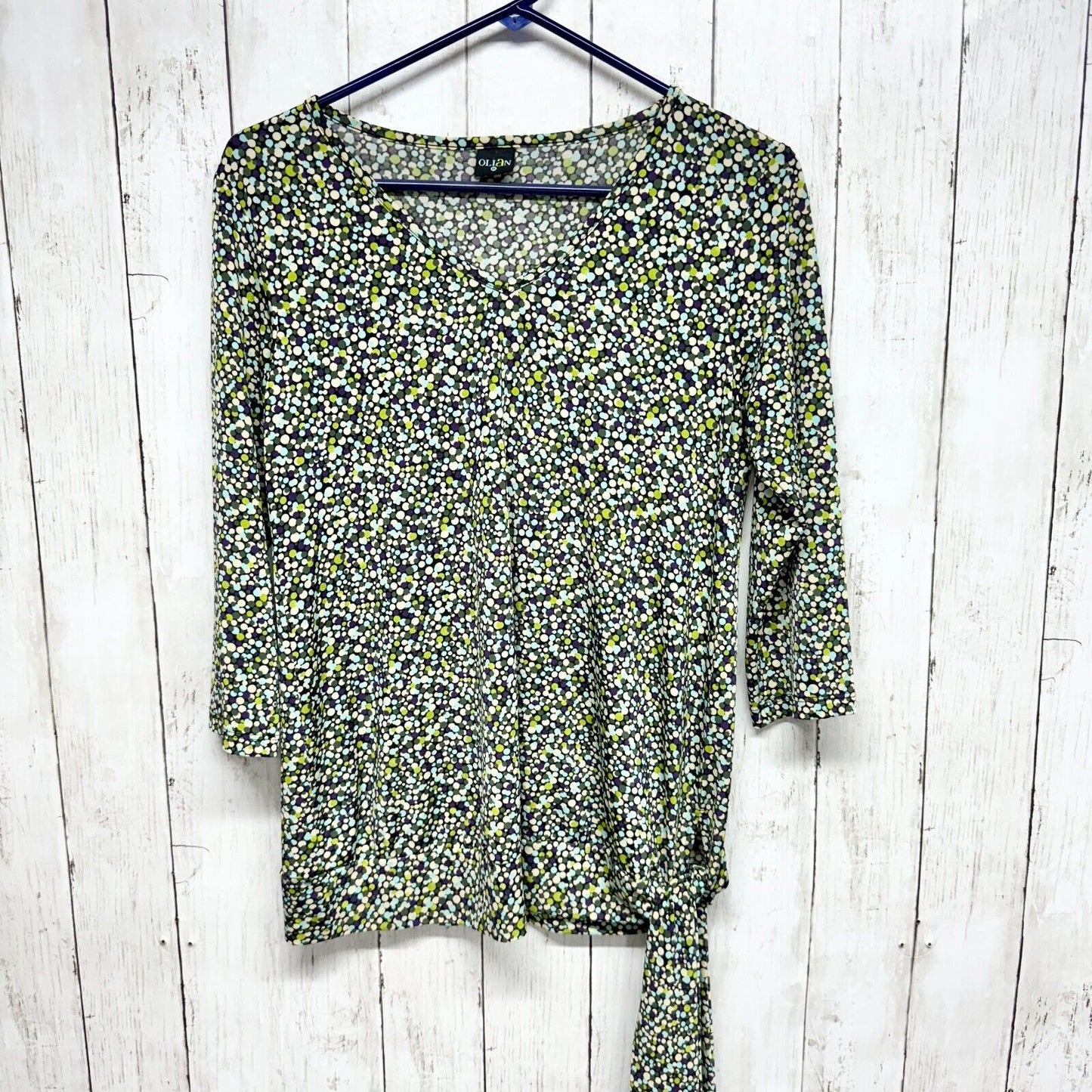 OLIAN Top Women Size Long Sleeve Multi Colored Polka Dot Side Tied Shirt Swoop