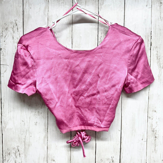 ZARA Top Women Size XS Cropped Satin Open Back Short Sleeve Pink Laced Summer