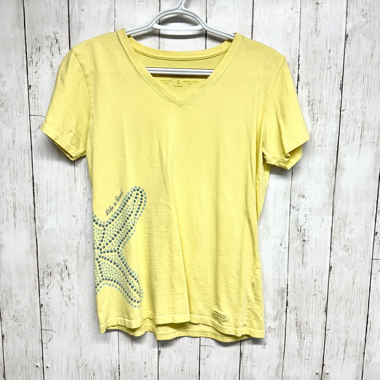 LIFE IS GOOD T Shirt Women Size Small Yellow Short Sleeve Sea Life Starfish Tee