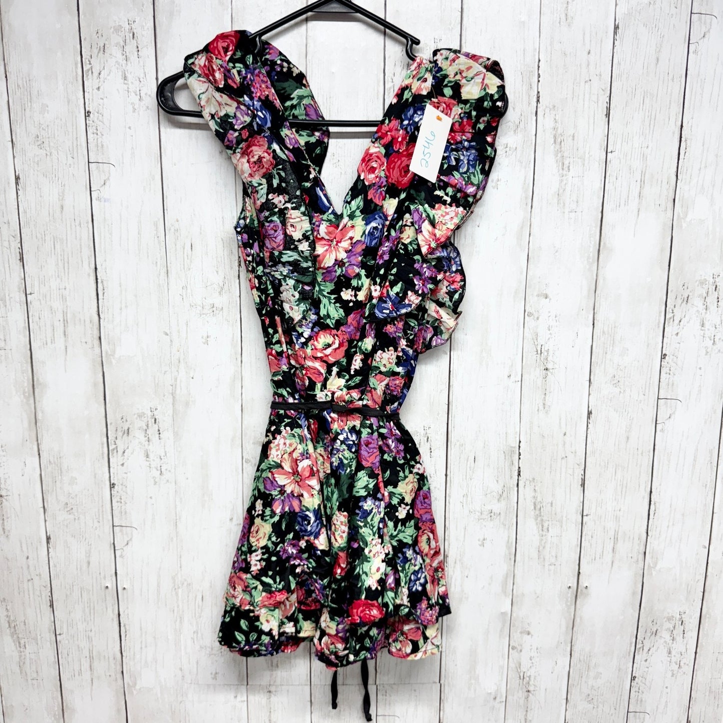 Vintage Dress Women Chest 22" Small Black Floral Ruffle Trim Sleeveless Cocktail