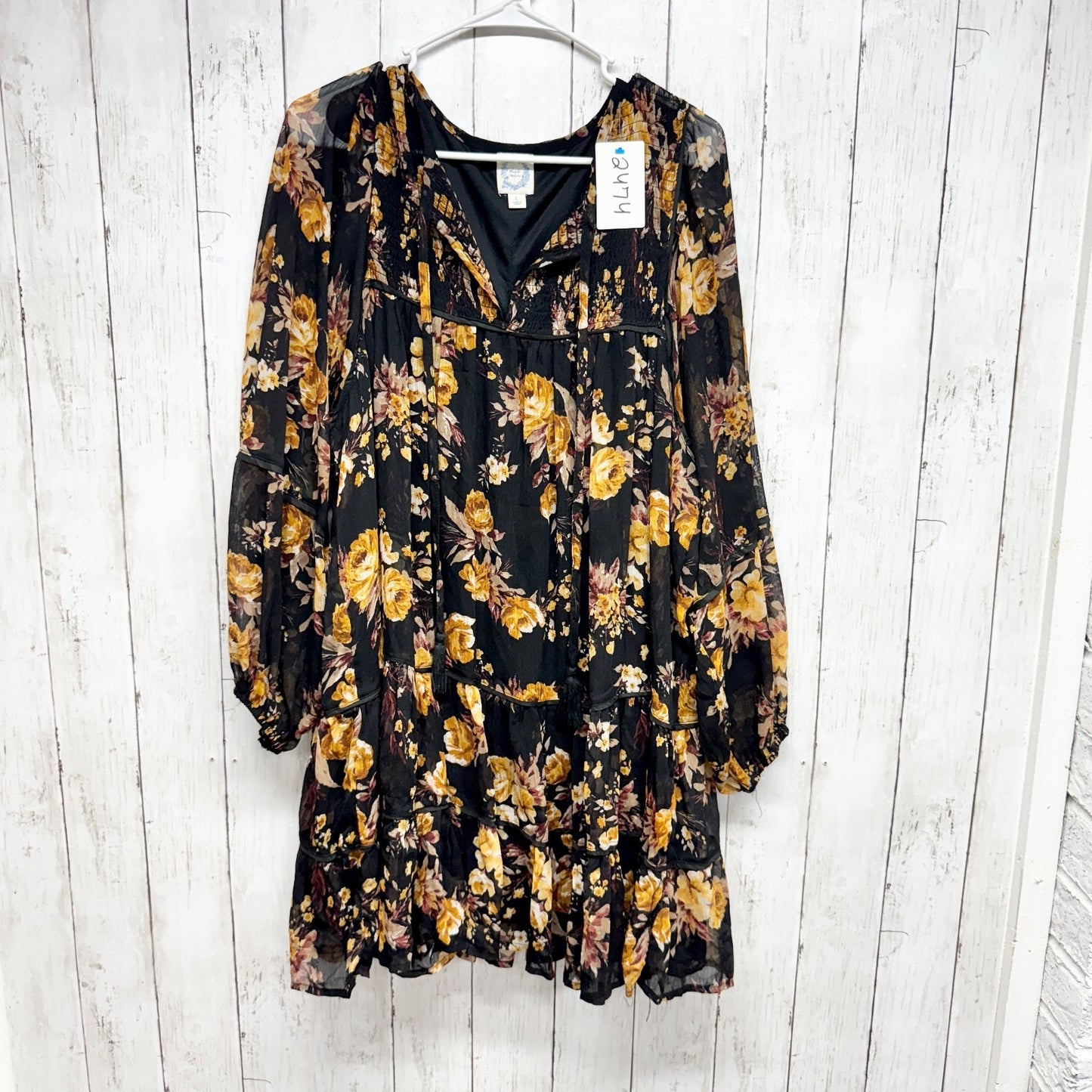 Blue Rain Dress Women Size Large Floral Ruffle Smocked Long Sleeve Swing Mini