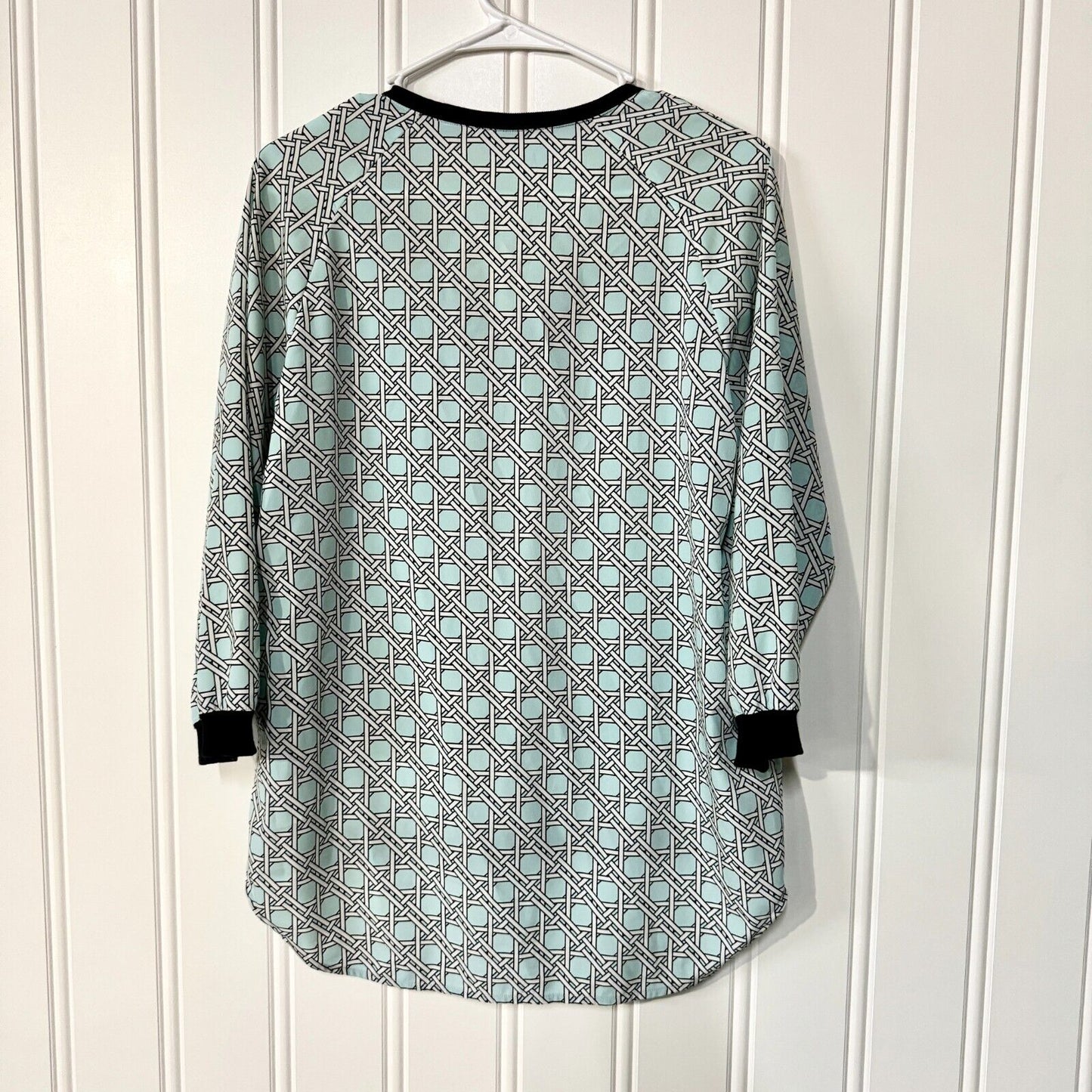TIBI Blouse Women Size XS Blue Geometric High Low V Neck Polyester Black Hemmed