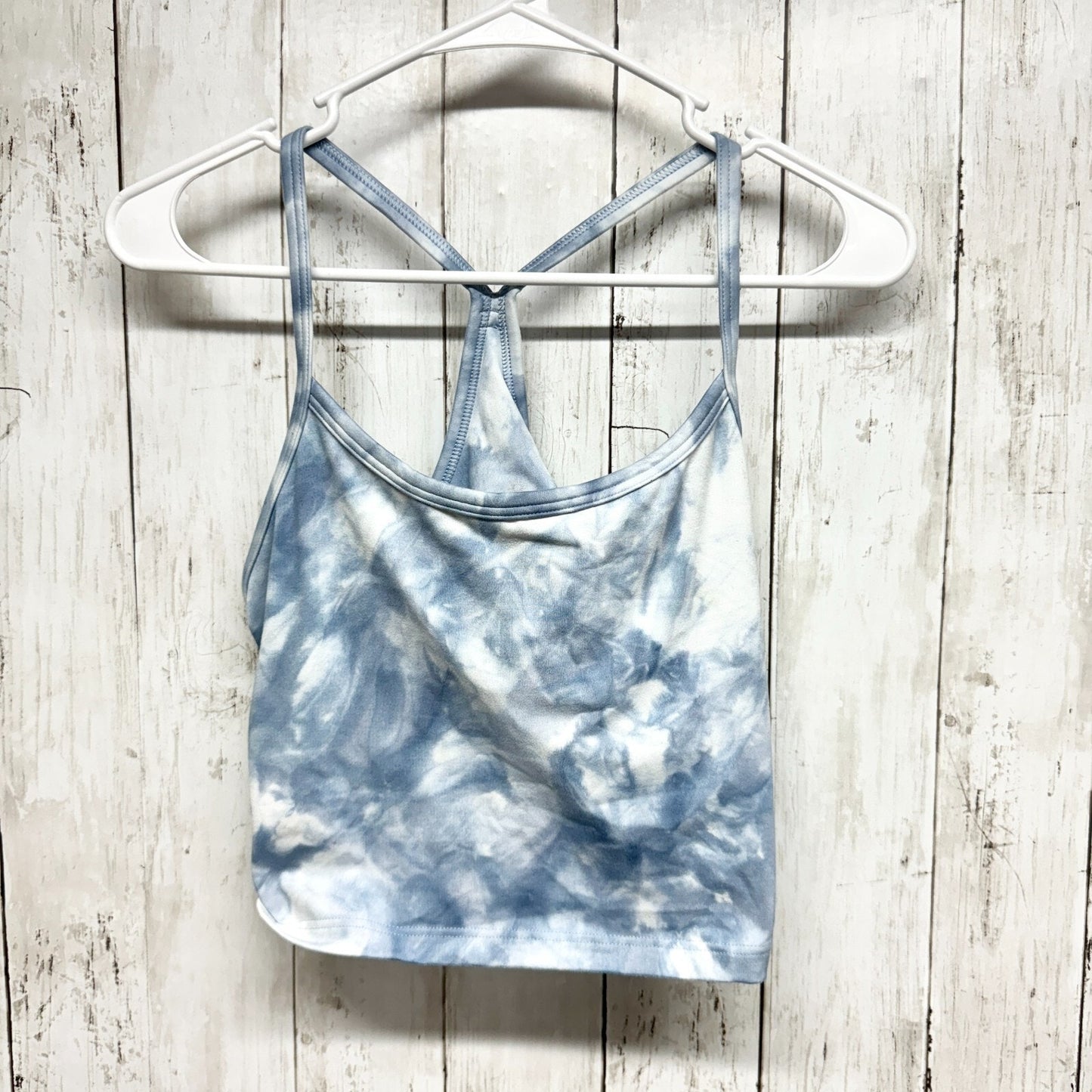 AERIE Sports Bra Women Size Large Hugger Blue Tie Dye Racerback Athletic Crop