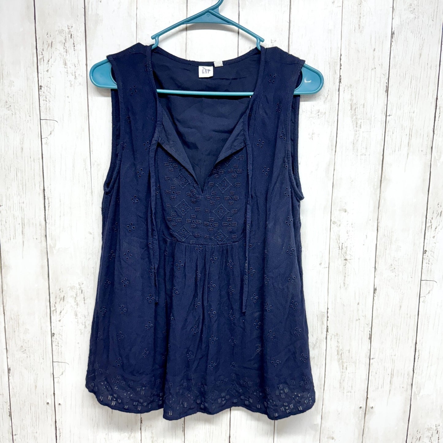 Gap Shirt Women S Tie-Front Splitneck Top Lace Trim Lasercut Navy Blue Rayon