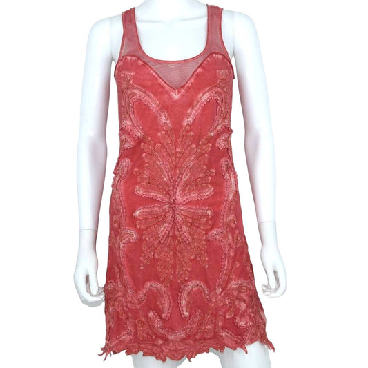 Free People Pink Mesh Beaded Boho Butterfly V Neck Mini Dress Size Small