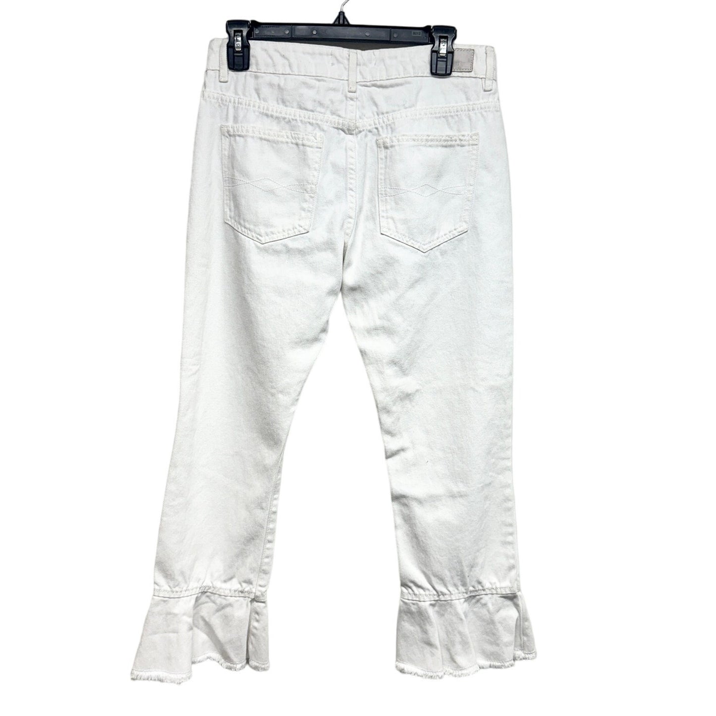 Zara Basics Jeans Kick Crop Ruffle Flounce White Denim Frill Frayed Hems 4 NWT