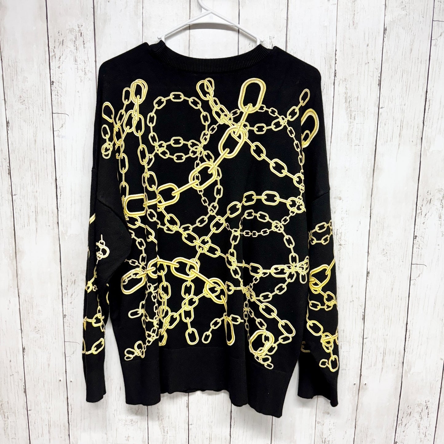 Zara Knit Sweater Women Size Small Black Gold Chain Printer Crewneck Long Sleeve