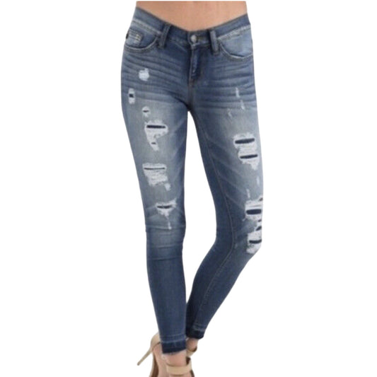 JUDY BLUE Women Patched Rip Skinny Dark Washed Jeans Stretch Raw Hem 3/26