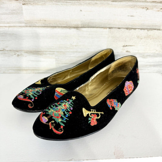 VTG WORTHINGTON Flats Women Size 6.5 Christmas Holiday Embroidered Black Velvet