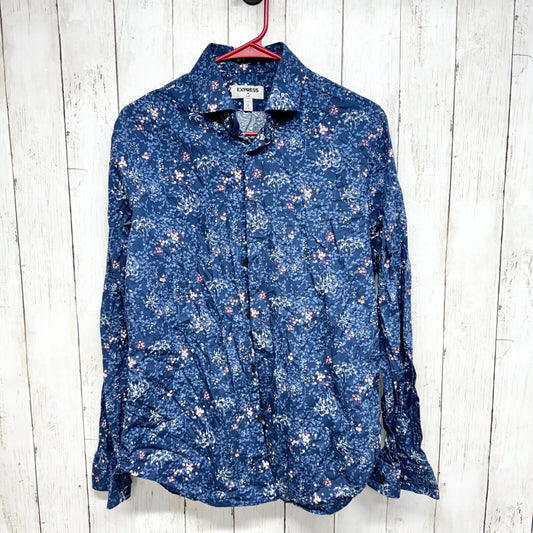 EXPRESS Dress Shirt Mens Size M Floral Blue Button Down Long Sleeve Collared