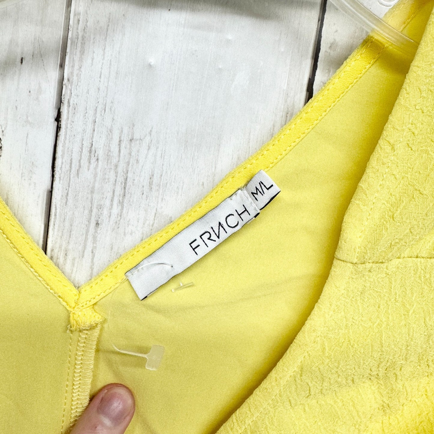 Frnch Dress Women Size M/L Yellow Crepe Round Neck Short Sleeve Shift Mini Sun