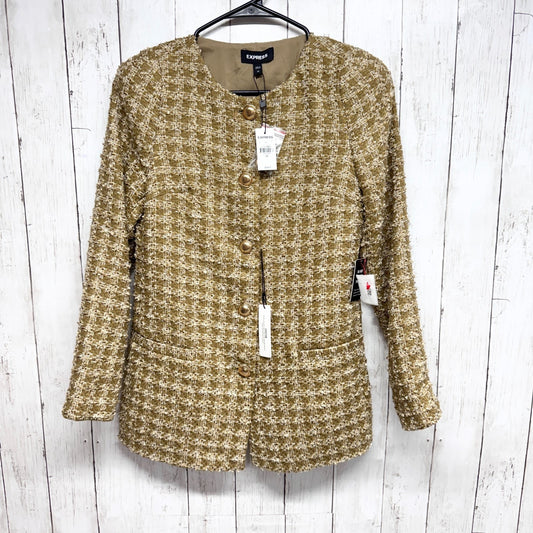 Express Women’s Jacket Sz XS Open Beige Gold Buttons Houndstooth Tweed Blazer