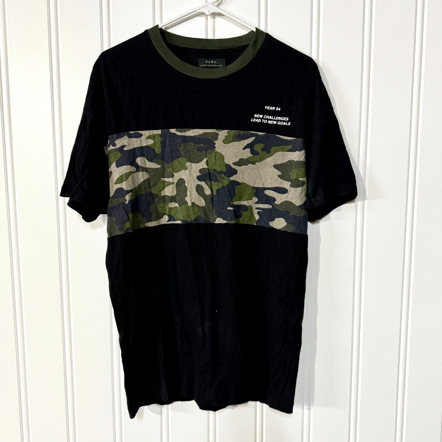 ZARA Shirt Mens Size S Black Camp Short Sleeve Cotton Military Crewneck Tee