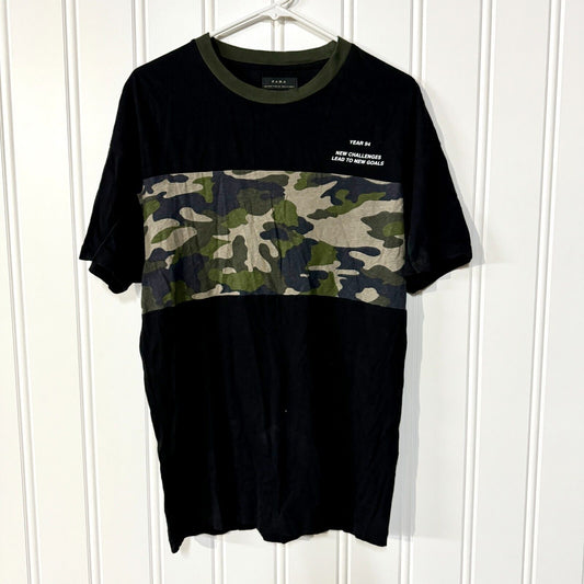 ZARA Shirt Mens Size S Black Camp Short Sleeve Cotton Military Crewneck Tee