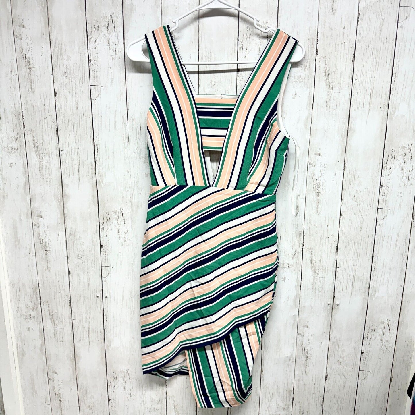 J.O.A. Dress Women Size Small Green/Ivory Striped Asymmetrical Mini Sleeveless