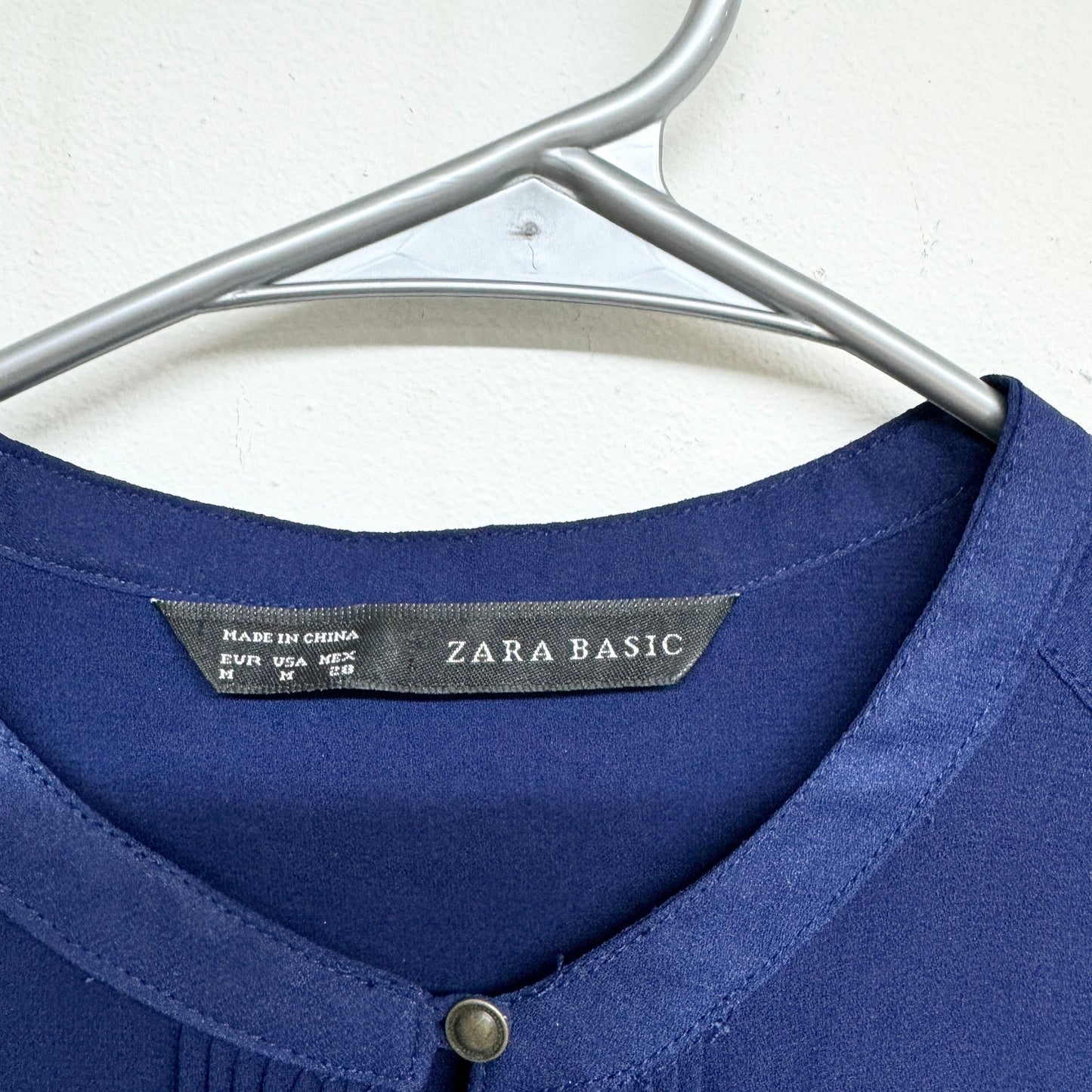 Zara Basic Women Navy Blue Long Sleeve Button Neckline Blouse Top Size M