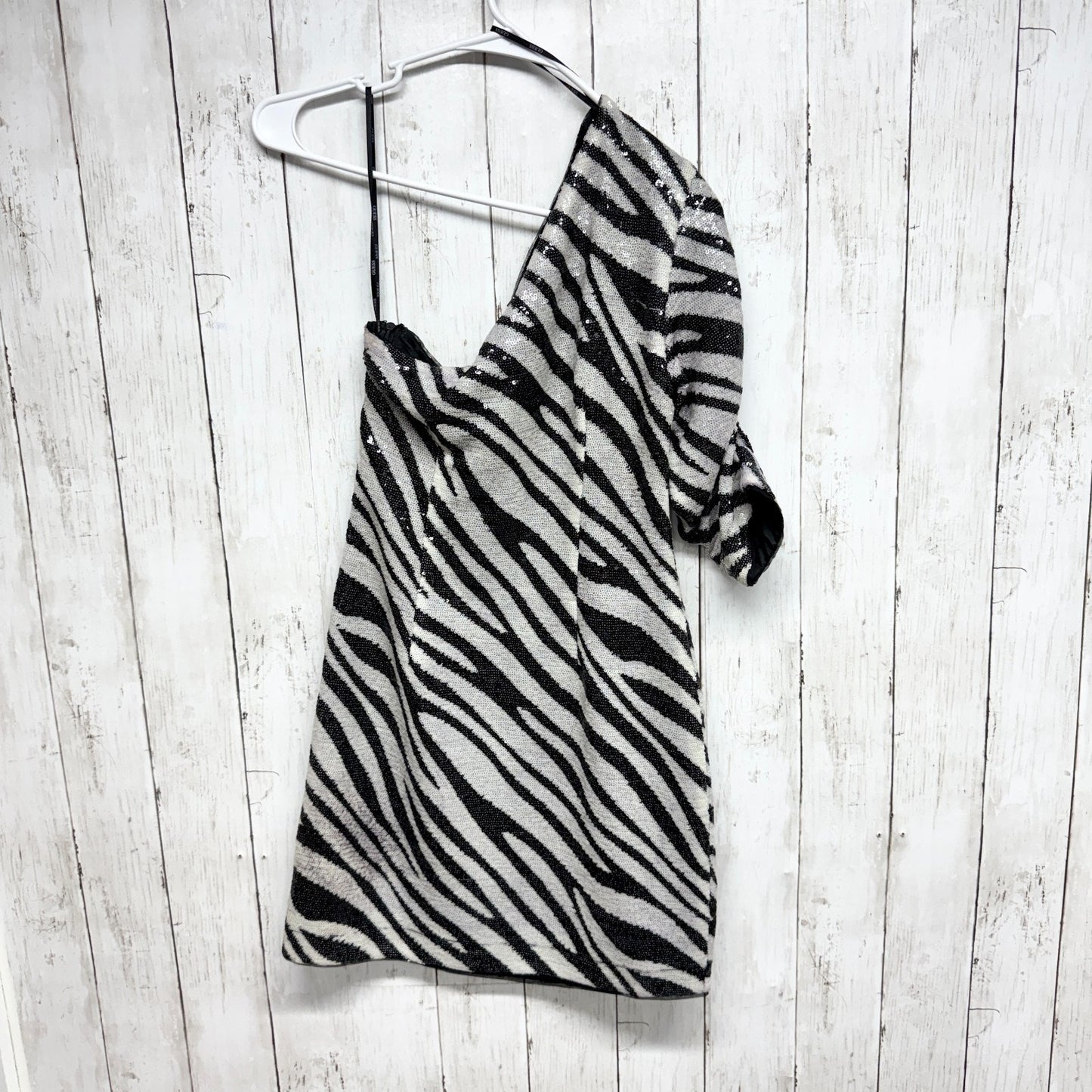 Guess Dress Women Sz Small Black White Zebra Print Full Sequin One Shoulder Mini