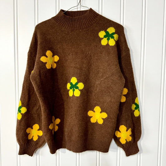 CIDER Sweater Women Size S Brown Knit Floral Long Sleeve Mock Neck Pullover