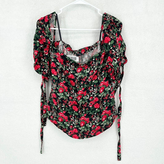 CLUB MONACO Top Women Size 2 Liki Red & Green Floral Off-Shoulder Cotton Blouse